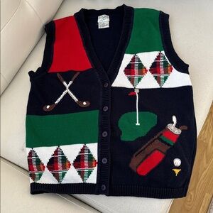 Vintage Golf Themed Northern Reflections Knit Vest with Colorful Patterns